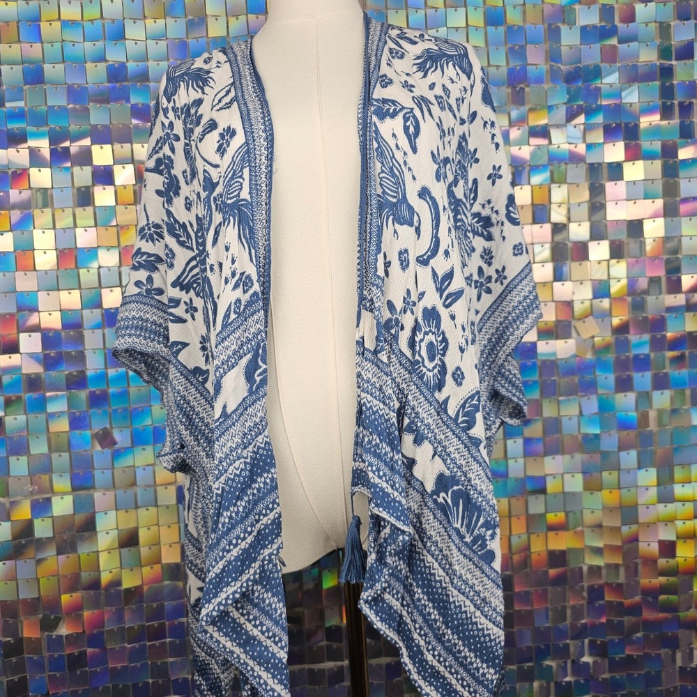 Blue & White Floral Bird Print Open Front Kimono Coverup‎